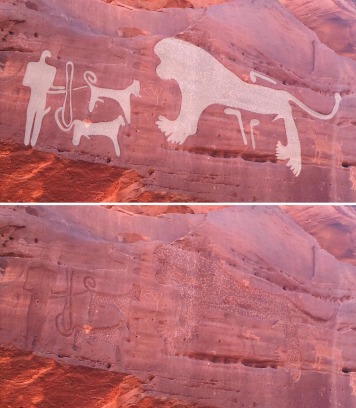 Мисливська фреска з левом та двома собаками (ще п'ять собак проглядаються позаду лева, їх не видно на фотографії).