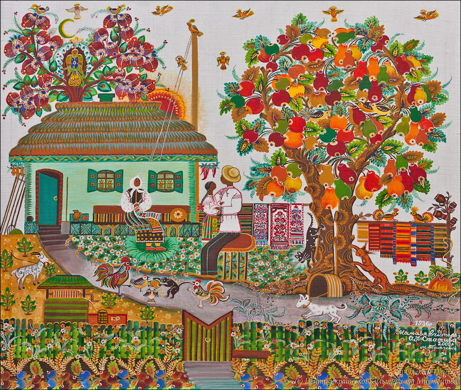 На картинах Марфи Тимченко цілком упізнаваний побут українців постає казковою феєрією кольорів, почуттів, деталей із калиною біля хати, буянням квітів та пташиним співом